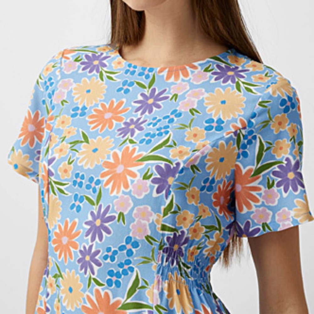 Sky blue and colourful flowers lightweight side smocked viscose dress NWT - Picture 12 of 12